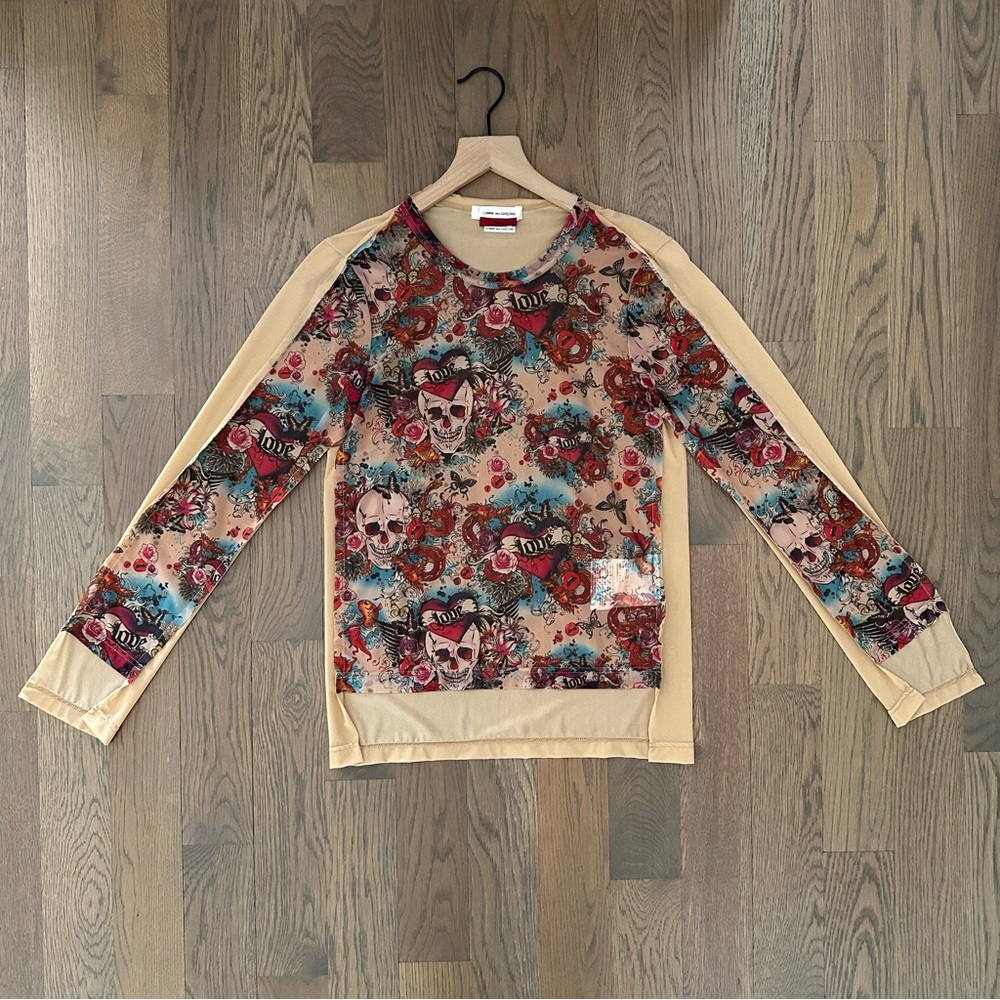 Comme des Garcons Skull Tattoo Print Long Sleeve Mesh Tee Nude Multicolor Small